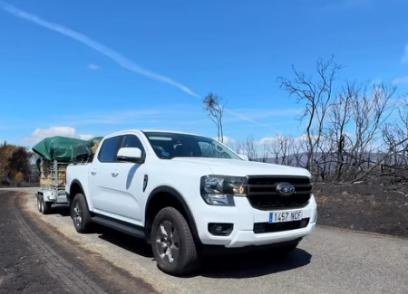 Laura's Ranger PHEV on the road through the burned landscape. License valid for earned editorial, press releases, press kits. All non-broadcast digital and online media Region: Global. This content is solely for editorial use and for providing individual users with information. Any storage in databases, or any distribution to third parties within the scope of commercial use, or for commercial use is permitted with written consent from Ford in Europe GmbH only. 